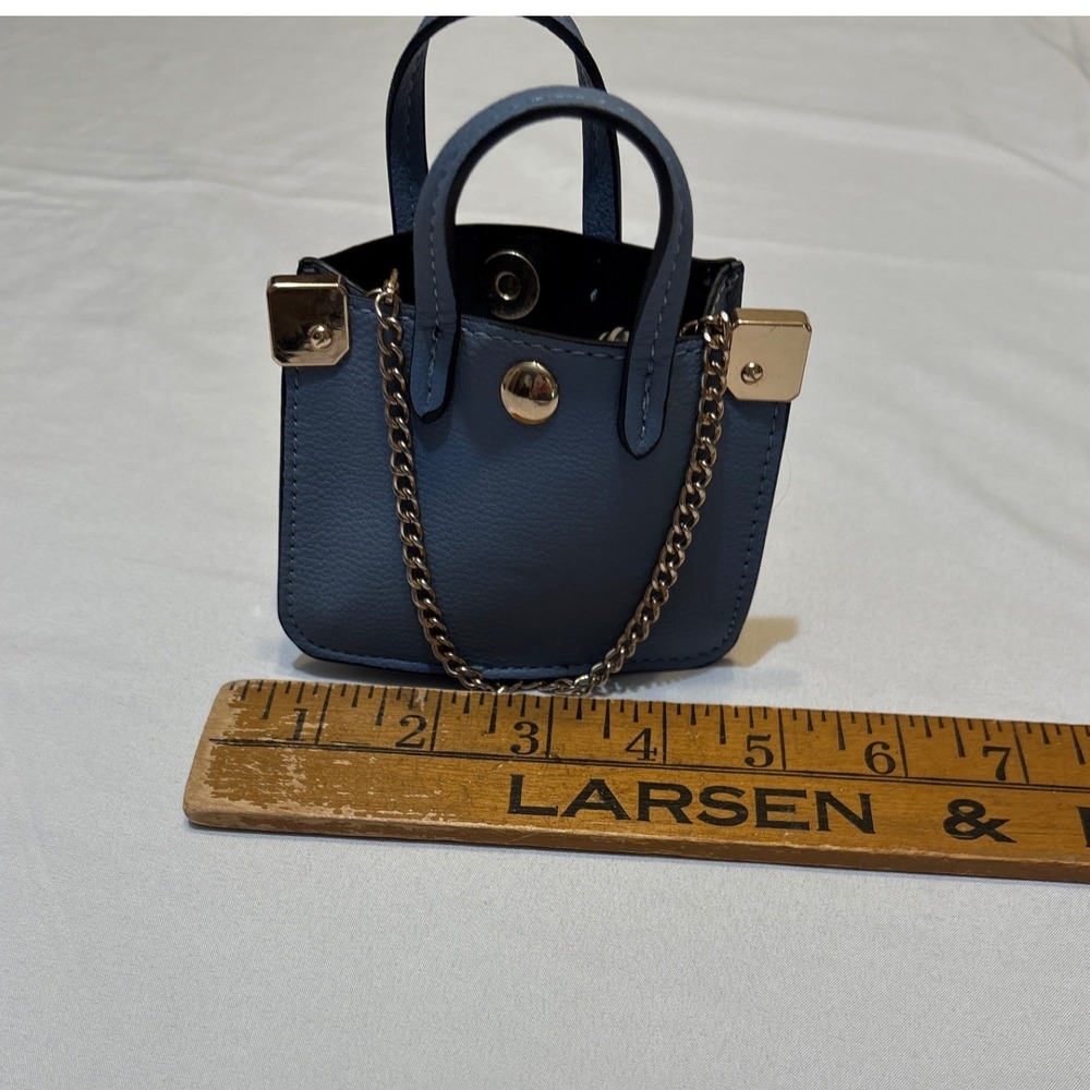 Mini Blue Faux Leather Tote Bag Charm Keychain Gold Hardware Tiny Coin Purse